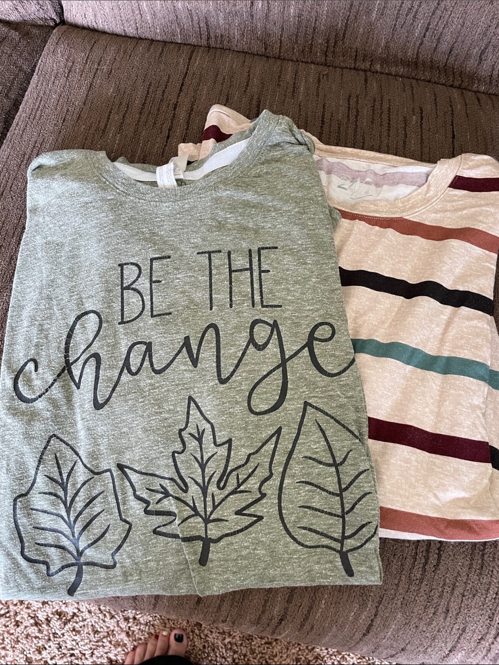 Women’s Light Green 'Be The Change' Graphic Short Sleeve Tee and beige striped t